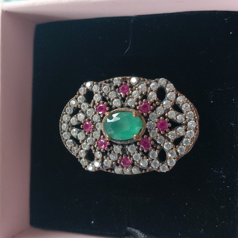 Real Pink & Emerald Tourmaline Gemstone 925 Sterling Silver Pave Diamond Ring 8